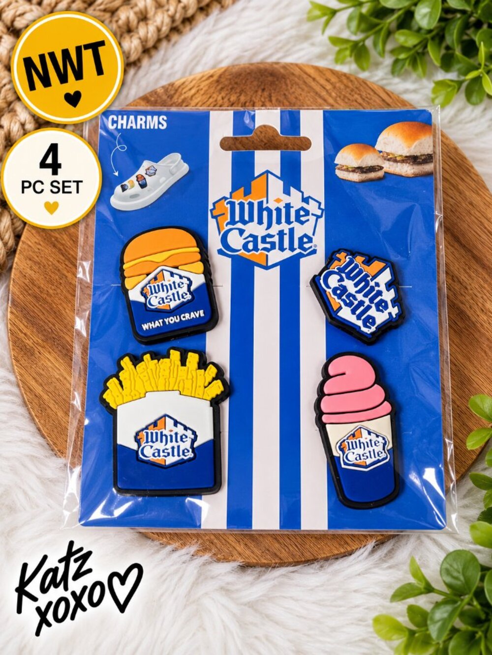 White Castle Croc Shoe Charms 4pc Set Burger Fries Shake Logo Jibbitz Style NIP